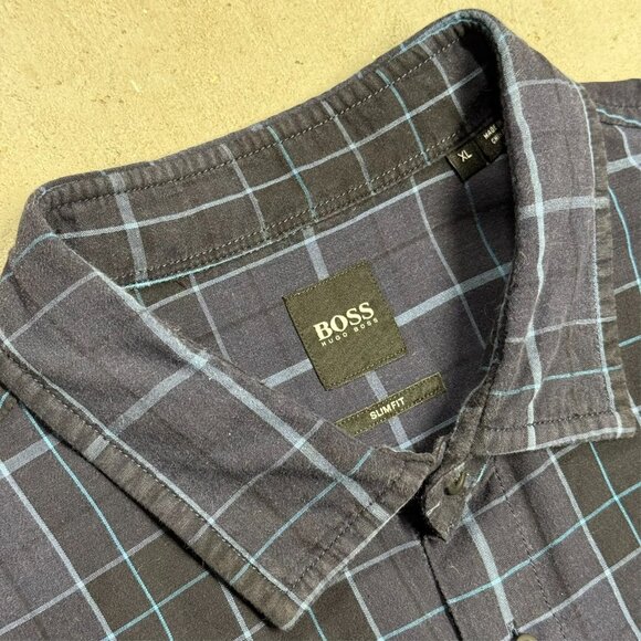 Hugo Boss Slim Fit Dress Shirt Check Blue Long Sleeve Cotton 17 1/2 XL - Picture 6 of 13